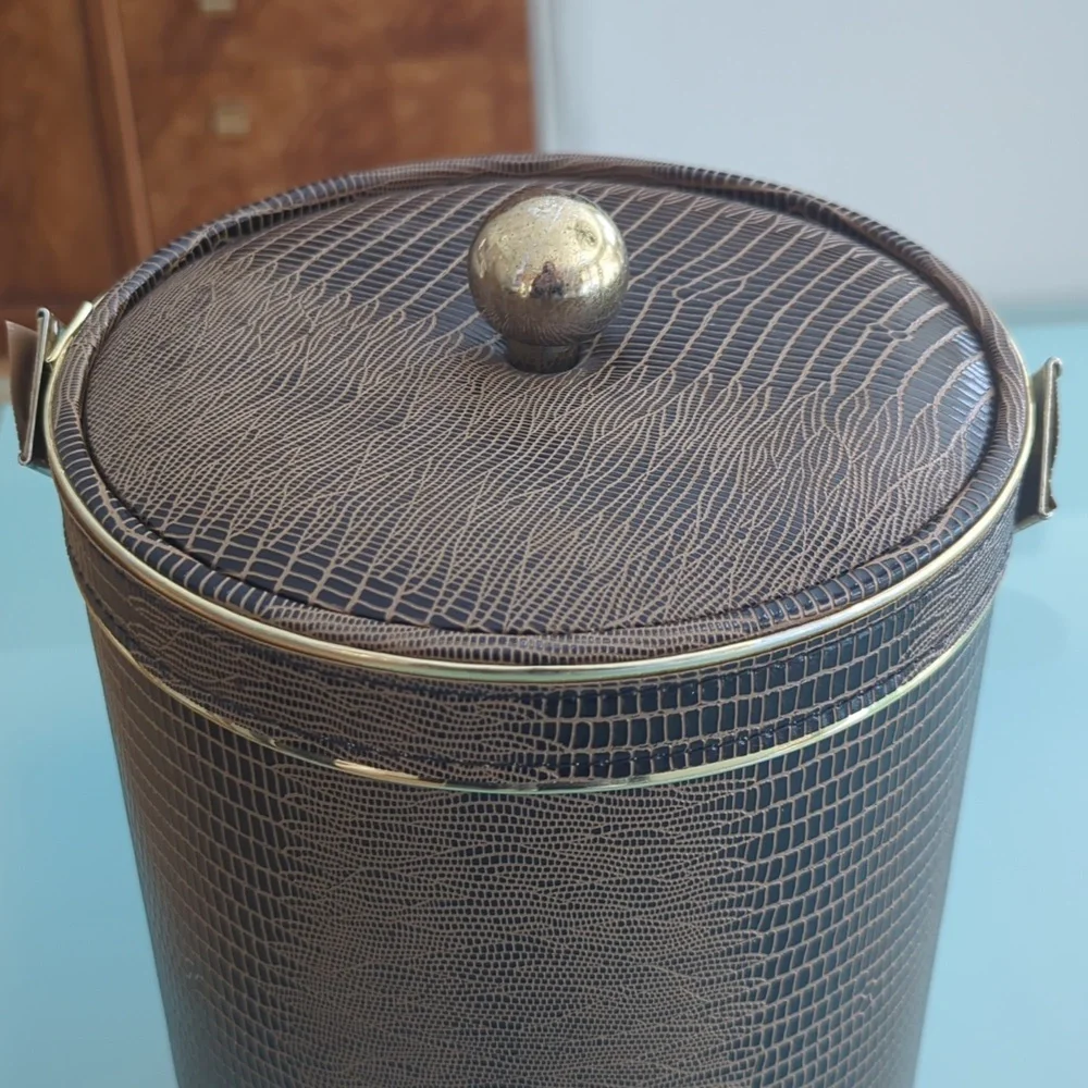 Hollywood Regency Ice Bucket, Brown Faux Alligator, Mid-Century Modern Barware